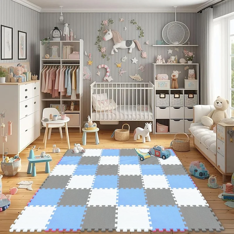 Tappeto Puzzle Antiscivolo Tappetino Multiuso per Fitness Palestra/Bambini 29,5x29,5 cm Morbido e Atossico in Gomma EVA Schiuma 30x30 Tappetone Gioco per Gattonare (18 Pezzi-Blu/Grigio)