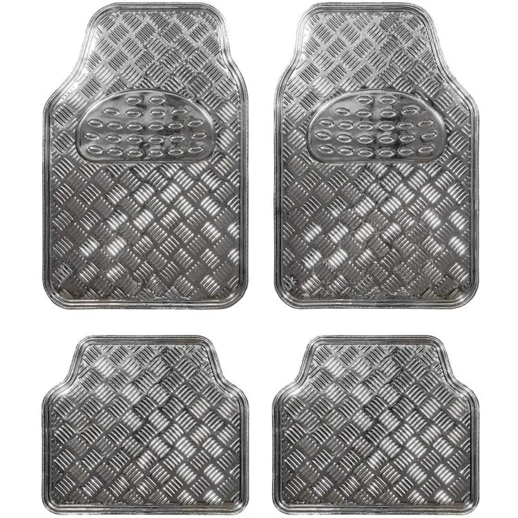 Set 4 Tappetini Tappeti Auto Universali Gomma Effetto Metallo Cromato (Argento)
