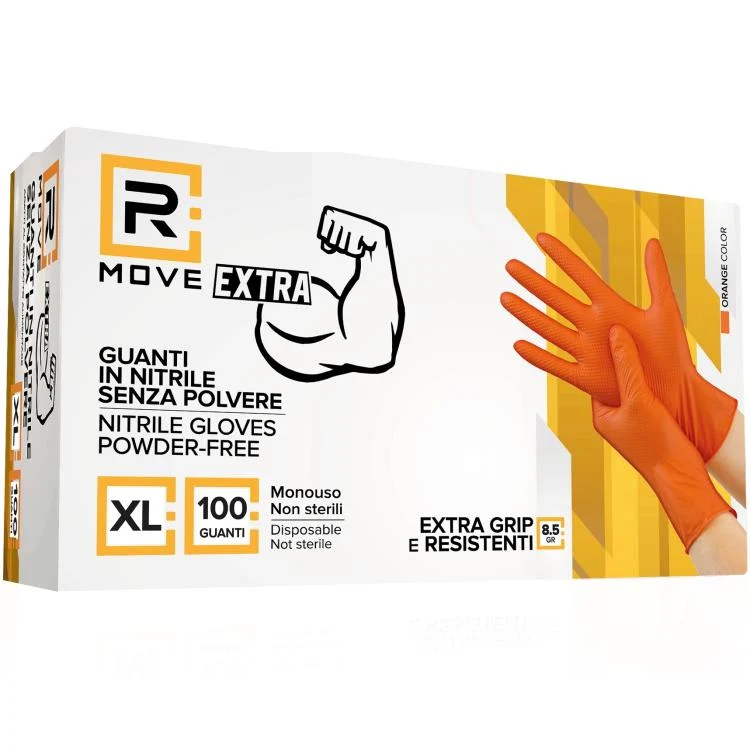 Rmove 100Pz 8.5Gr Da Lavoro Guanti Nitrile Arancione Senza Polvere Full Grip XL