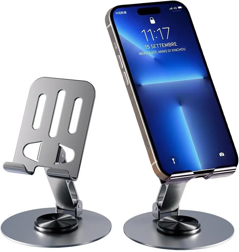 (RL249)Supporto per Telefono e Tablet da Tavolo in Metallo – Base Girevole a 360°, Universale Regolabile per Smartphone e iPad, Struttura Robusta