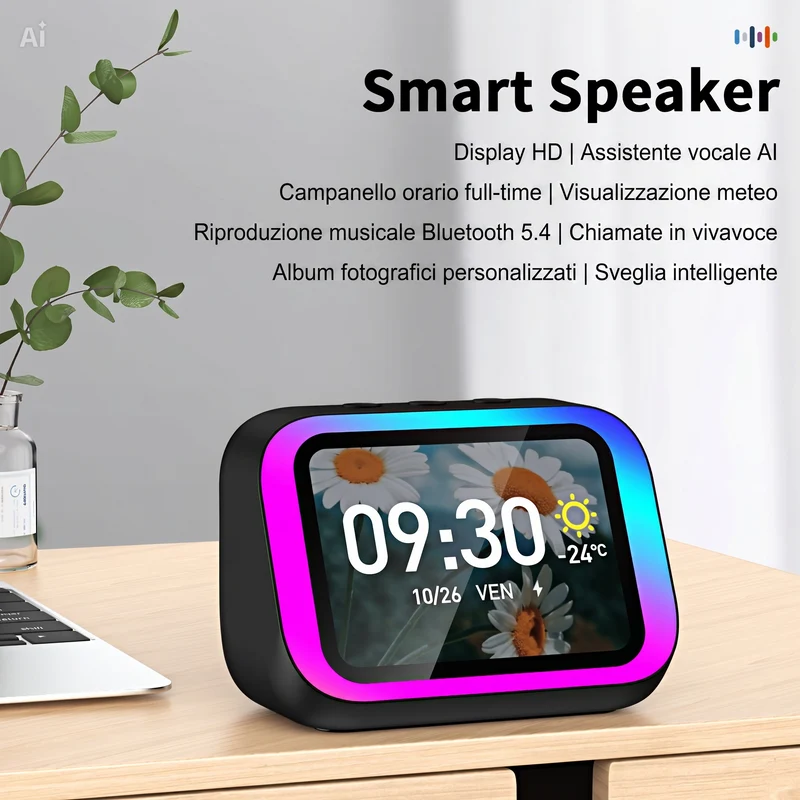 (TF26 Pro nero)Altoparlante Bluetooth con Display 4" – Smart Speaker con Assistente Vocale, Chiamate, Musica, Meteo, Calendario, Sveglia, Cronometro, Calcolatrice, Orologio Mondiale, Effetti Luce, Cerca Telefono, Fotocamera Remota(Nero)