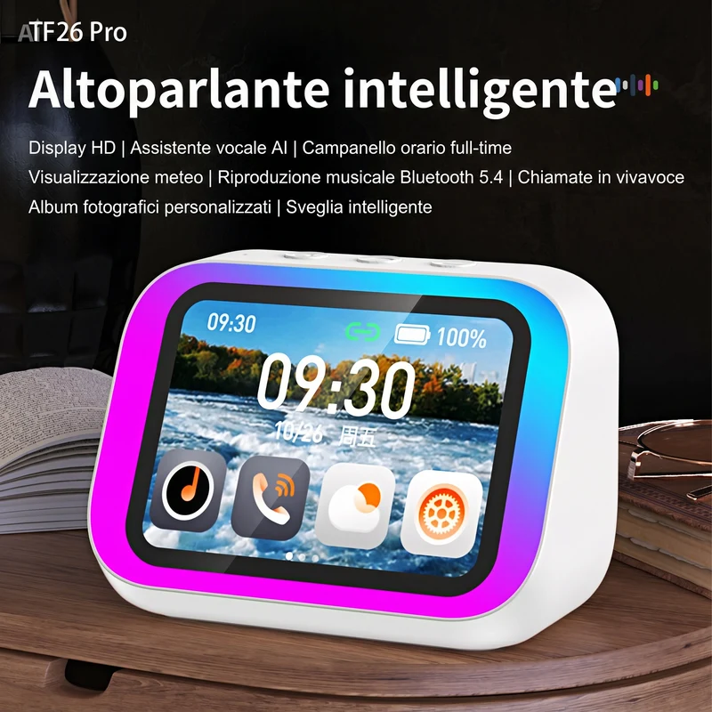 (TF26 Pro bianco) Altoparlante Bluetooth con Display 4" – Smart Speaker con Assistente Vocale, Chiamate, Musica, Meteo, Calendario, Sveglia, Cronometro, Calcolatrice, Orologio Mondiale, Effetti Luce, Cerca Telefono, Fotocamera Remota(Bianco)