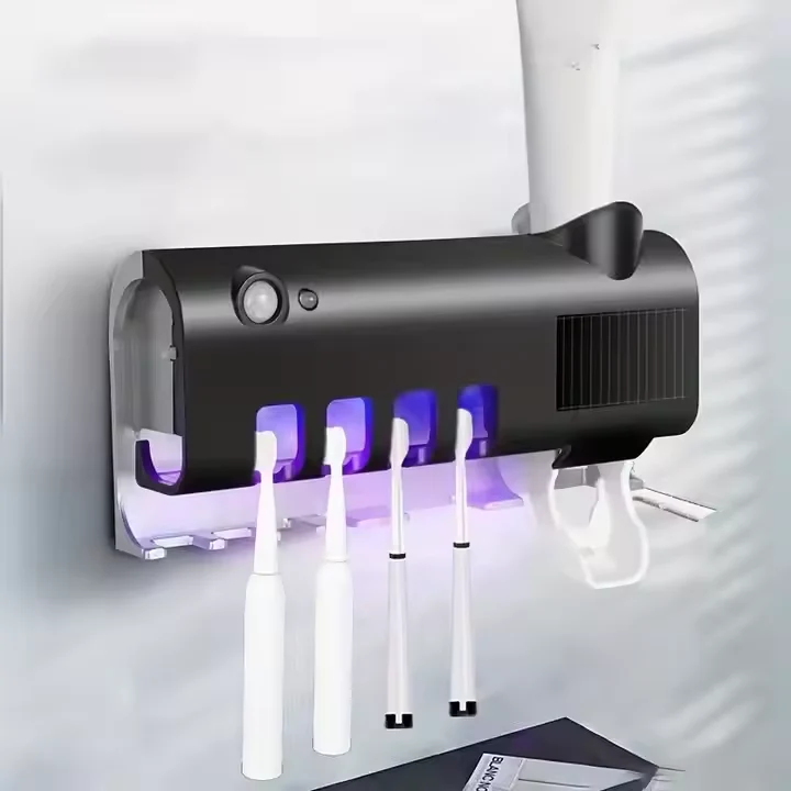 (JJ018)Sterilizzatore UV per Spazzolini da Denti con Ricarica Solare – Dispenser di Dentifricio Automatico Senza Contatto, Supporto Universale per Spazzolini, Elimina il 99% dei Germi – Senza Cavi