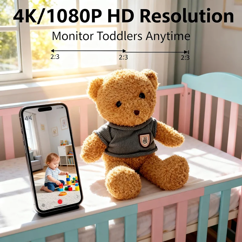 (O6) Orsacchiotto con Telecamera WiFi – Baby Monitor 4K e 1080P con Visione in Tempo Reale, Rilevamento Movimento con Notifiche, Supporto Micro SD 128GB, App Allcam365
