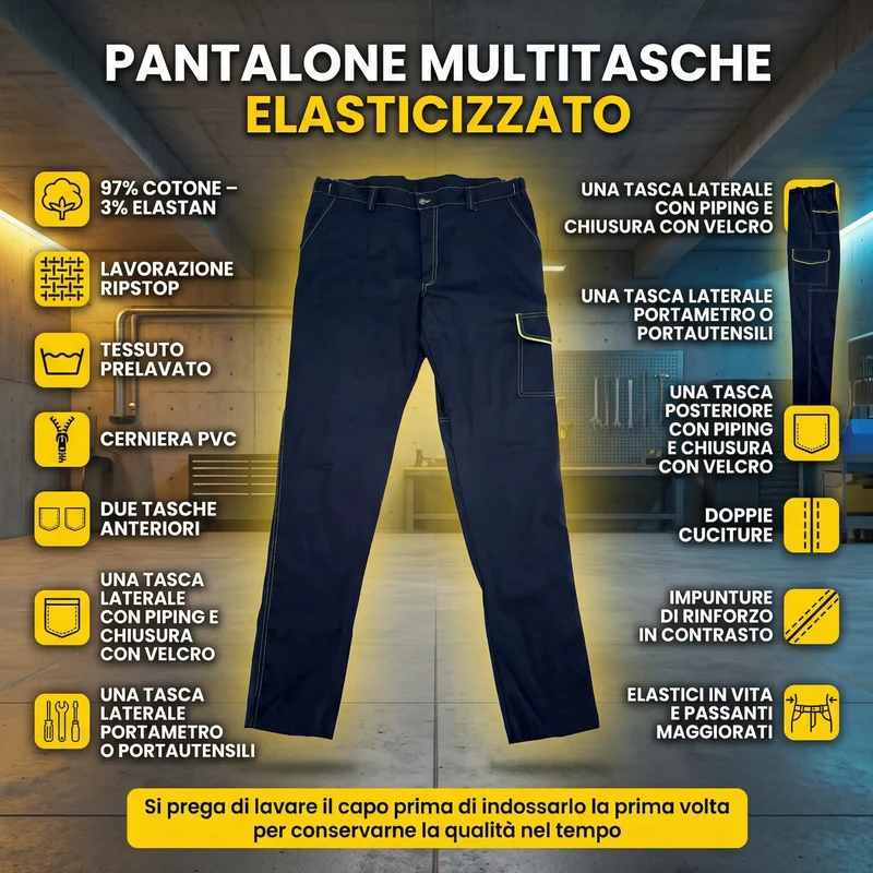 Pantaloni Lavoro Multitasca Uomo Elasticizzati Ripstop - 97% Cotone 3% Elastan - Tasche Portametro e Utensili - Cerniera PVC - Tessuto Prelavato