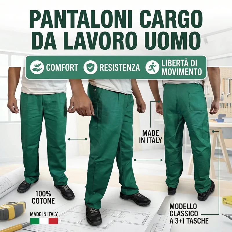 Pantaloni Cargo da Lavoro Uomo 100% Cotone, Made in Italy - Modello Classico a 3+1 Tasche, Verde - Comfort e libertà di Movimento Resistente e Comodo per Edilizia, Meccanico, Idraulico
