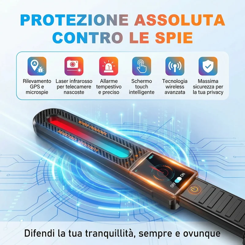 F999 Rilevatore Scanner Professionale di Microspie e Telecamere 50MHz-8GHz - Rileva GPS, Microfoni, Microcamere Wireless - Bonifica TOTALE - Schermo Touch - Portatile Auto Ufficio Viaggi