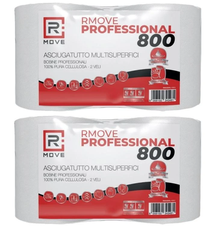 R Move 4 Rotoloni di Carta asciugatutto, Bobina industriale mani Professionale a 800 Strappi, Asiugamani Pura Cellulosa lunga durata extra resistente, assorbenti da cucina, 3200 strappi totali