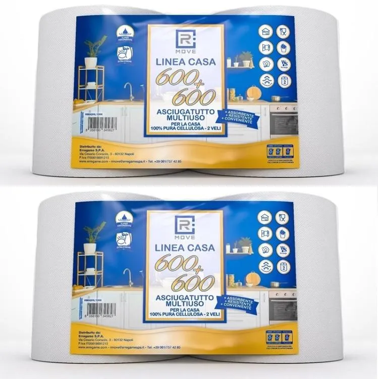 4 ROTOLONI CARTA BOBINA DOPPIA LINEA CASA RMOVE 600+600 2 VELI PURA CELLULOSA