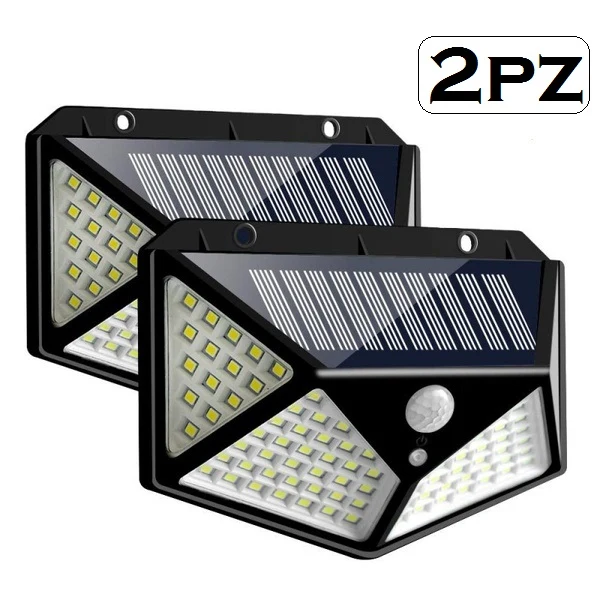 2 APPLIQUE 100LED LAMPADA ESTERNO PANNELLO SOLARE SENSORE MOVIMENTO CREPUSCOLARE