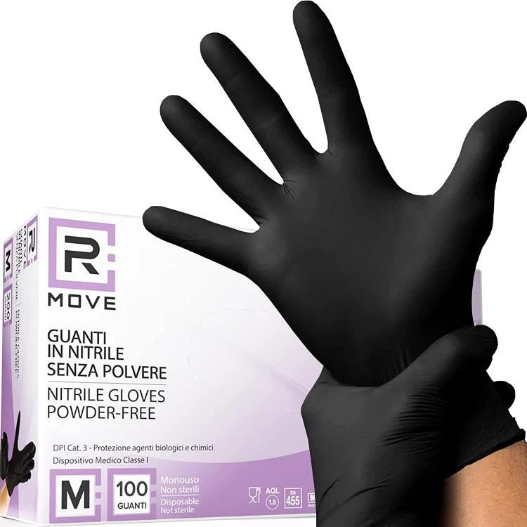 100 Guanti Monouso Nitrile Neri No Polvere Ipoallergenici Alimenti Estetica M