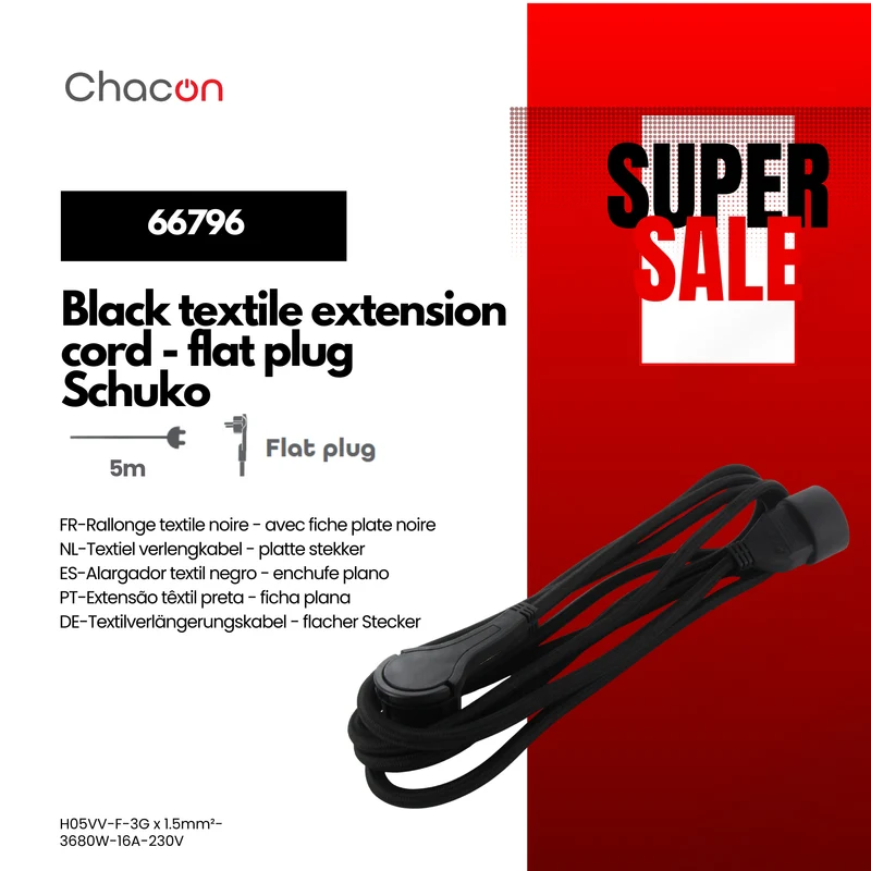 Black textile extension cord - with black flat plug - 5m (SCH)