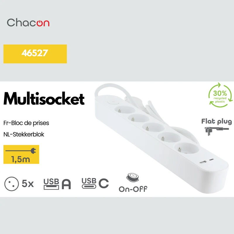 Power strip 5 x 16 A with switch + USB-A + USB-C - 1.5 m - White