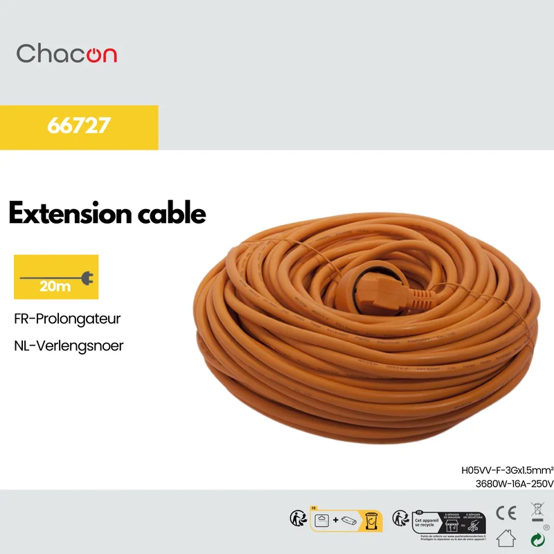 Extension cable 20 m orange - FR plug