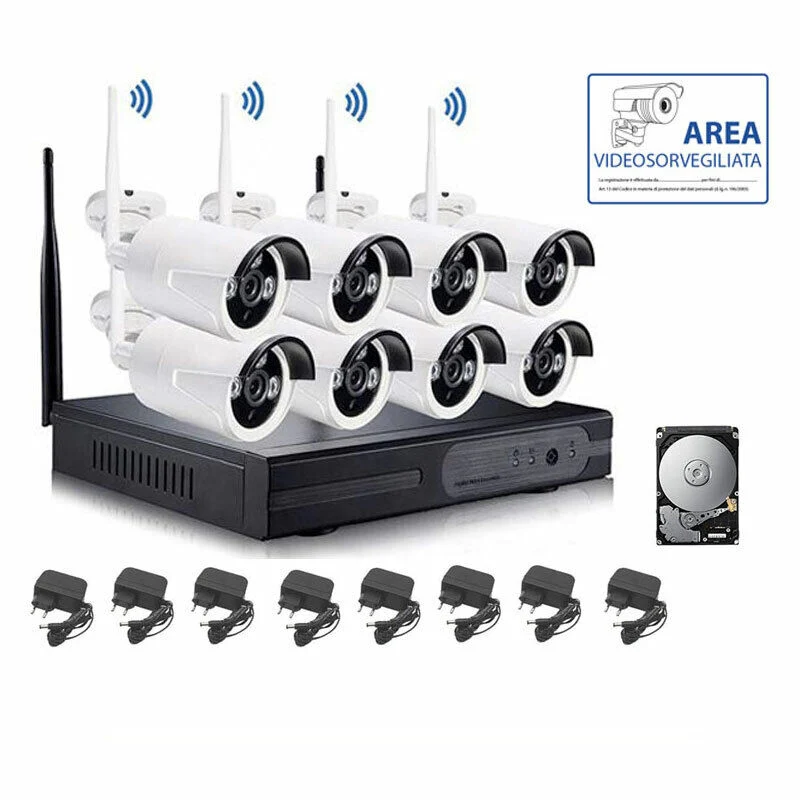 Kit videosorveglianza wireless full hd IP 8 telecamere nvr lan remoto AHD