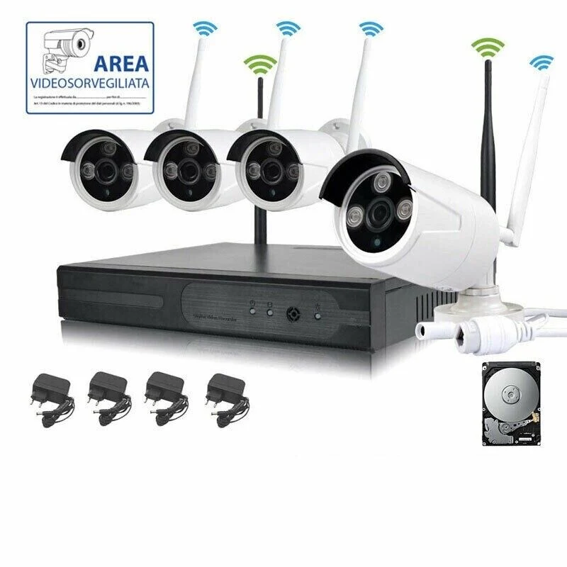 Kit Videosorveglianza wireless dvr nvr 4 canali 4 telecamere wifi 2 mpx