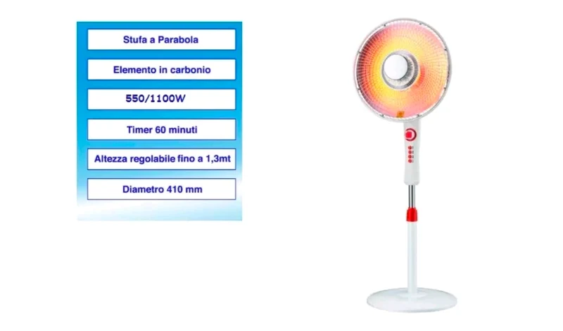 STUFA AL CARBONIO A PARABOLA 1100 WATT OSCILLANTE CON PIANTANA h. 131 cm