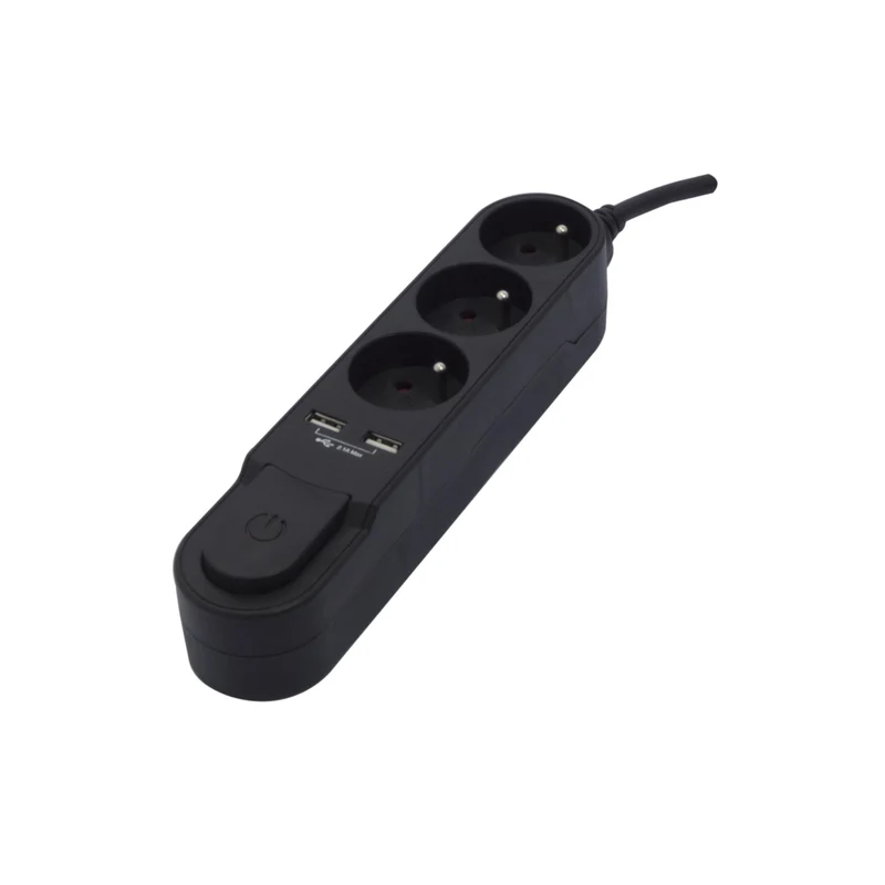 Stylish power strip 3 x 16 A with switch + 2 USB - 3 m - Black