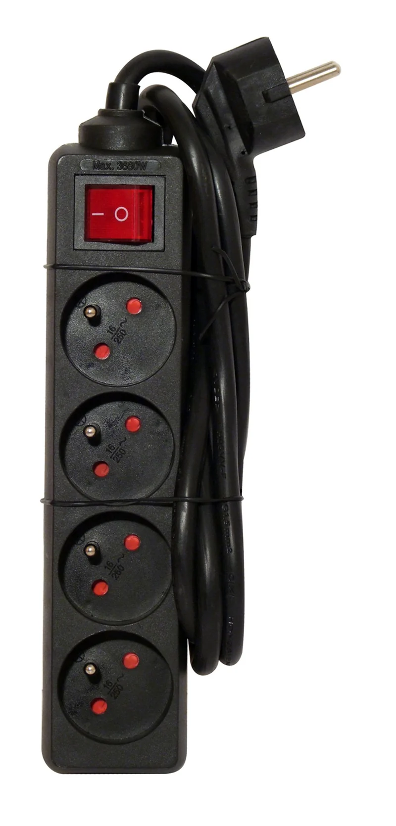 Black power strip with switch - 4 x 16 A - 1.5 m