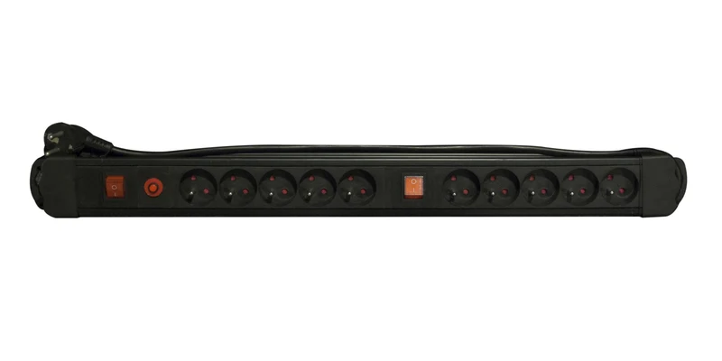 Black power strip with two switches - 10 x 16 A - 1.5 m