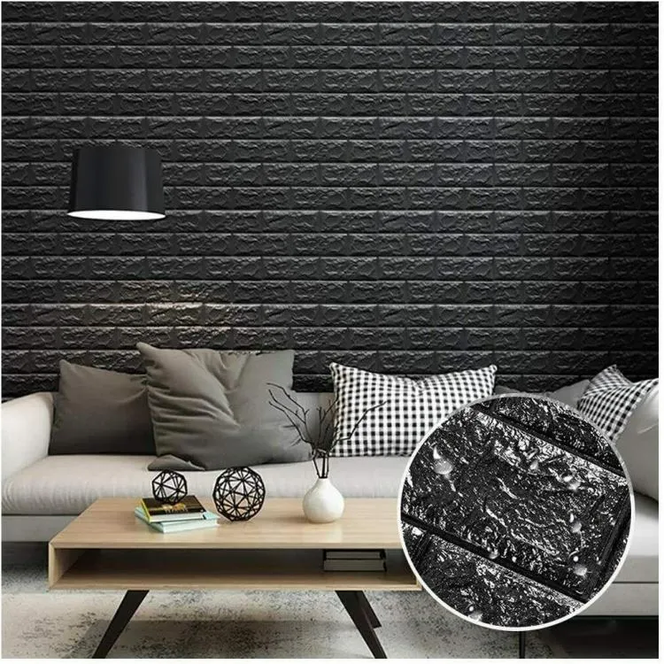ADESIVO CARTA DA PARATO 3D EFFETTO MATTONI PANNELLO SPUGNA PARETI 70X77CM NERO