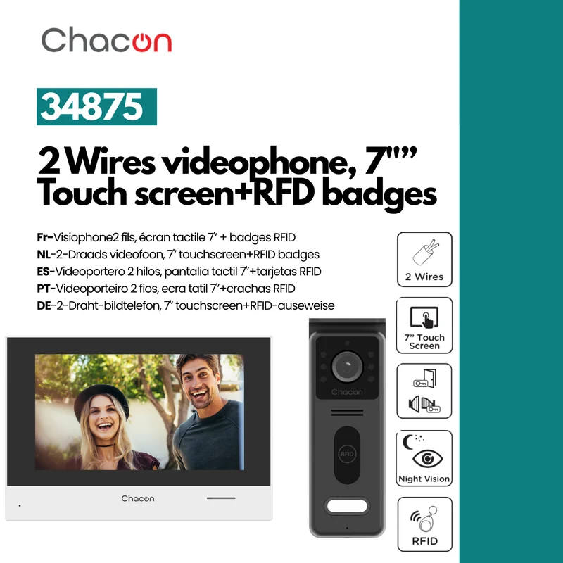 2-wire videophone with 7" touch screen and RFID unlocking