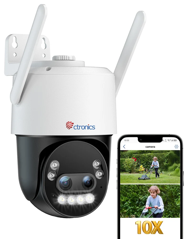 Ctronics Telecamera di Sorveglianza Esterna 4K con Zoom Ibrido 10X, Rilevamento di Persone/Veicoli/Animali, Visione Notturna a Colori 8MP, Wi-Fi 2,4/5 GHz, Metallica