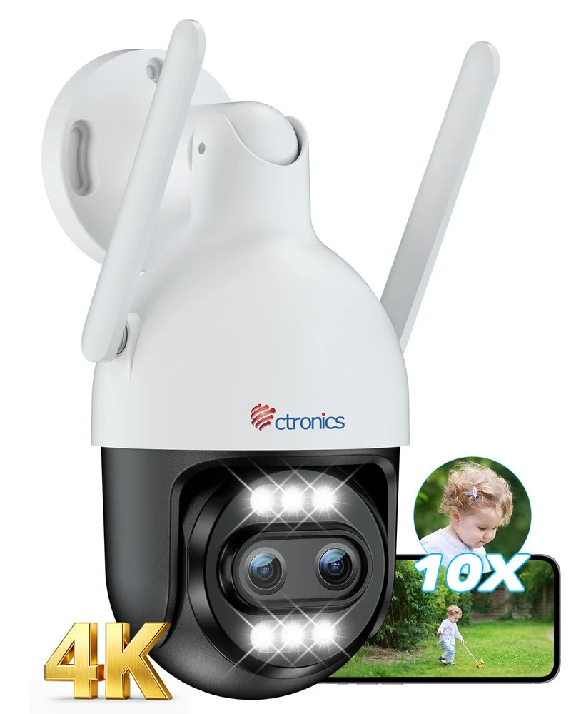 Ctronics Telecamera di Sorveglianza Esterna a Doppio Obiettivo 4K con Zoom Ibrido 10X, Inseguimento Automatico / Rilevamento di Persone/Veicoli/Animali, FTP e NVR
