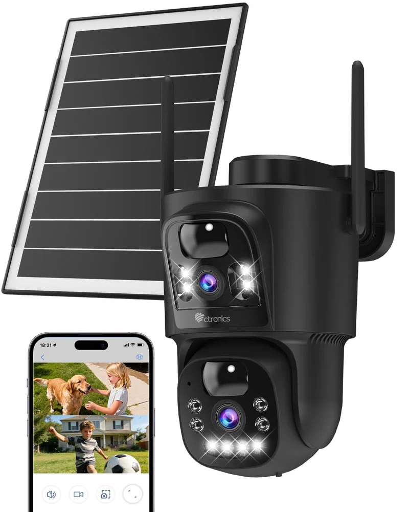 Telecamera di Sorveglianza WiFi da Esterno Ctronics con Doppio Obiettivo, Senza Fili, WiFi 2.4/5GHz, Pannello Solare da 8W e Batteria da 10400mAh, Doppio Sensore PIR, Visione Notturna a Colori, 128GB TF/Cloud/PC, IP66