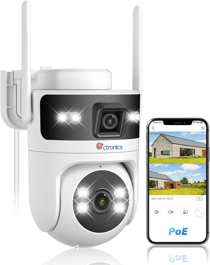 Ctronics PoE Telecamera Wi-Fi Esterno Doppio Obbiettivo, 2.4/5GHz WiFI Videocamera Sorveglianza, PTZ Telecamere Rilevamento Umano e Auto Tracking, Visione Notturna a Colori, PC/Cloud/TF, IP66