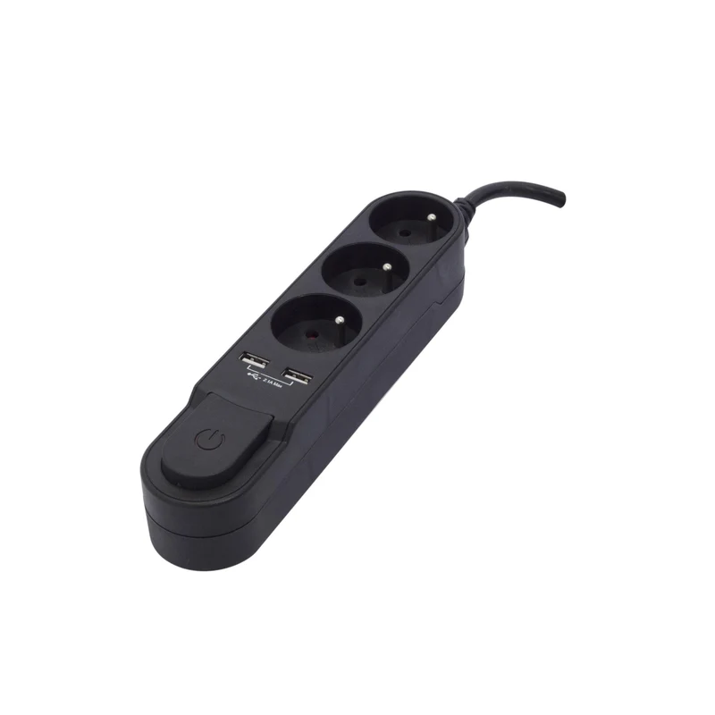Stylish power strip 3 x 16 A with switch + 2 USB - 1.5 m - Black