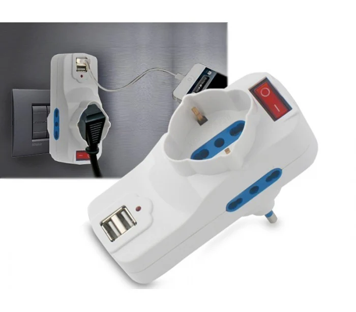 Adaptateur multiprise 1500W max 16 A avec 2 USB 1A - 1 monophasé