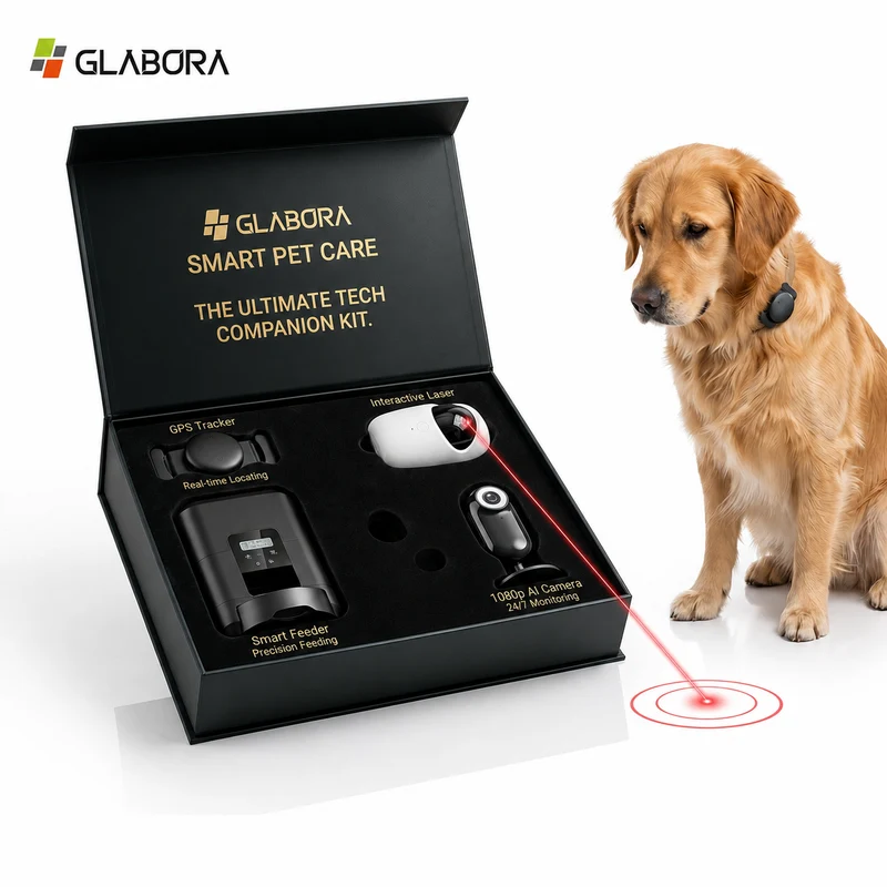 Glabora Smart Pet Care Kit 4-in-1 | Telecamera AI, Laser Interattivo, GPS e Mangiatoia Automatica