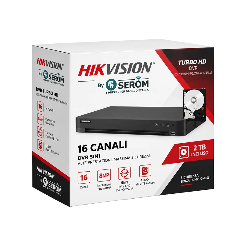 iDS-7216HUHI-M2/XT/4A+16/4ALM DVR 16 Canali 8MP 4K AcuSense AI H.265+ 32 IP HDD 2TB Incluso - Hikvision