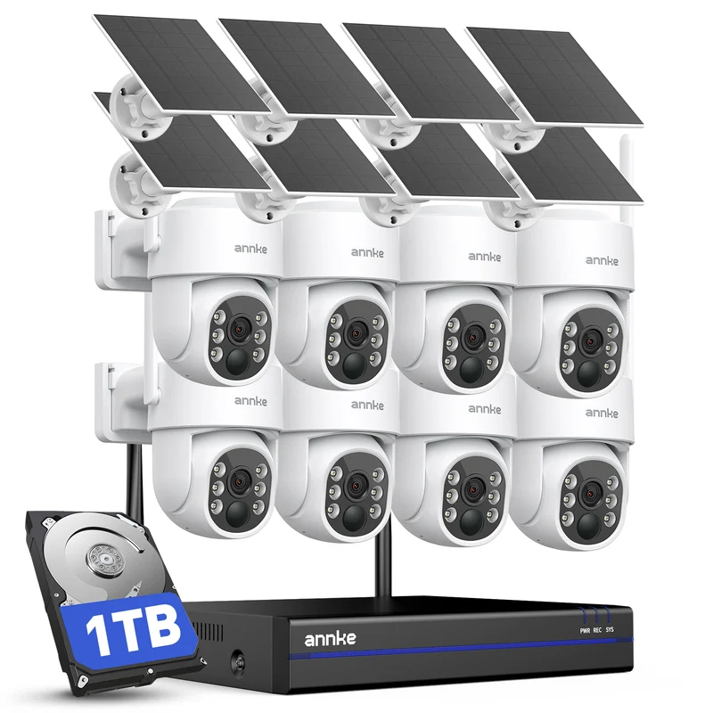 ANNKE Solar Wireless Security Camera Outdoor, 4K NVR, 8-Cam Kit PT, 1TB HDD 10-Channel Expandable, 4MP IP Camera, 360° View, Pan & Tilt, 2.4G & 5G WiFi, PIR, Human Detection, Color Night Vision, IP65