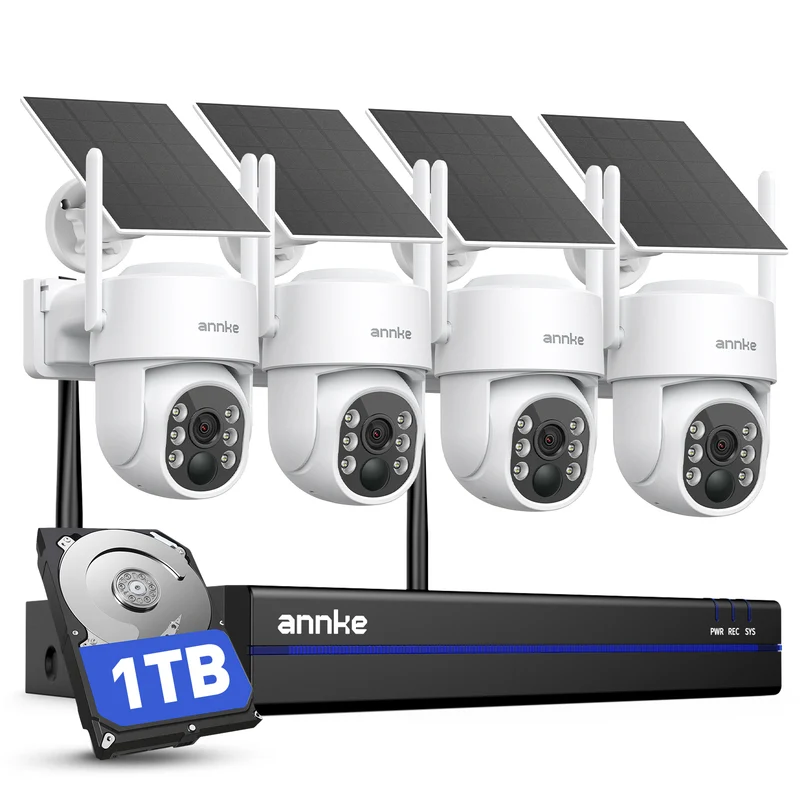 ANNKE Solar Security Cameras Wireless Outdoor, 10 Channel Expanable 5MP NVR with 4Pcs IP Cameras,Human Detection, Color Night Vision, Up to 256G Storage, 2 Way Audio, IP65, 1TB HDD