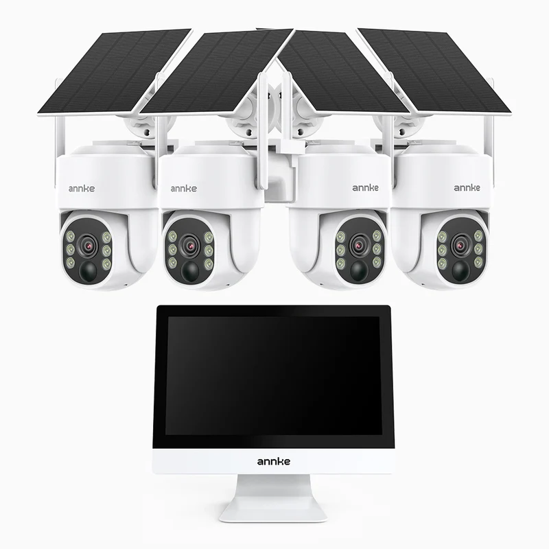 WTB400 - 4MP 10 Channel 4 Solar Cameras Wireless NVR CCTV System with 12″ Monitor, IPS Touch Screen, Motion Detection, Two-Way Audio, 9000mAh Rechargeable Battery & Solar Powered, 270° Pan & 90° Tilt, Works with Alexa