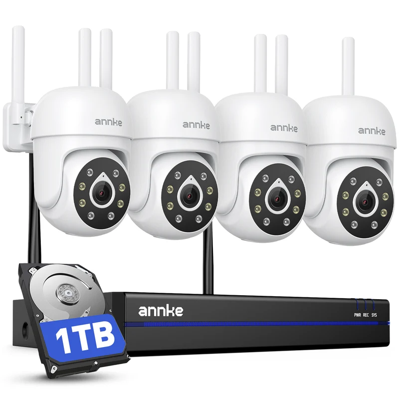 ANNKE Security Camera System, 4pcs Wireless 5MP IP Cameras with 10CH NVR for Home Security Outdoors, Motion Detection, Two-Way Audio, 100ft Night Vision, Compatible with Alexa, 1TB Hard Drive