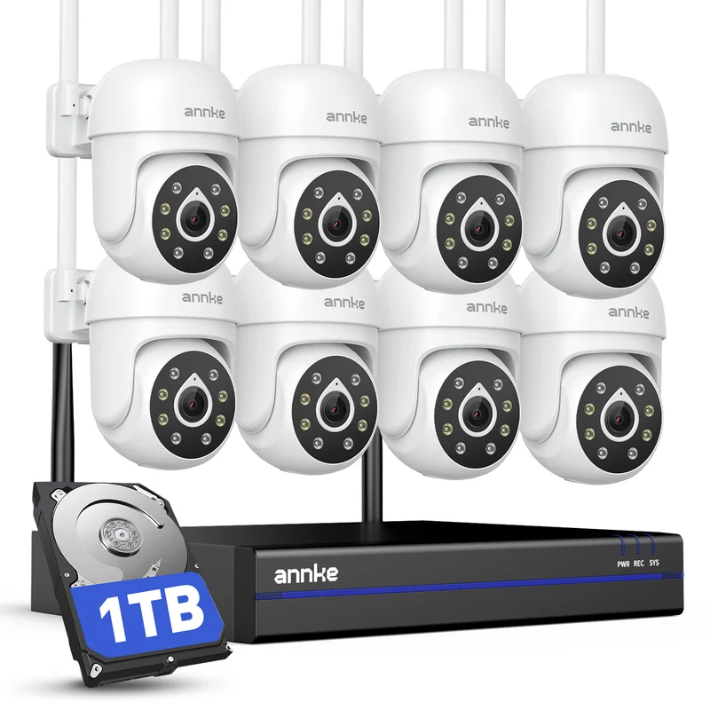 ANNKE Security Camera System, 8pcs Wireless 5MP IP Cameras with 10CH NVR for Home Security Outdoors, Motion Detection, Two-Way Audio, 100ft Night Vision, Compatible with Alexa, 1TB Hard Drive