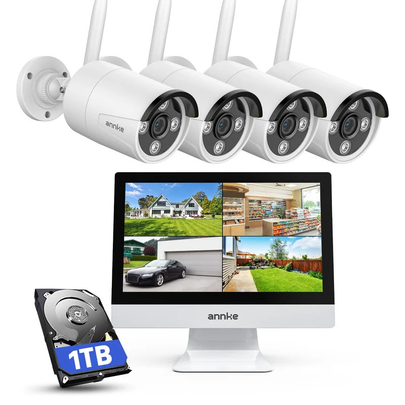 ANNKE 5MP Wireless Security Camera System with 12'' Monitor, 4-Camera Kit with 1TB HDD, 10CH Expandable WiFi NVR, Dual-Band WiFi, Plug & Play, Color Night Vision, Two-Way Audio, IP66
