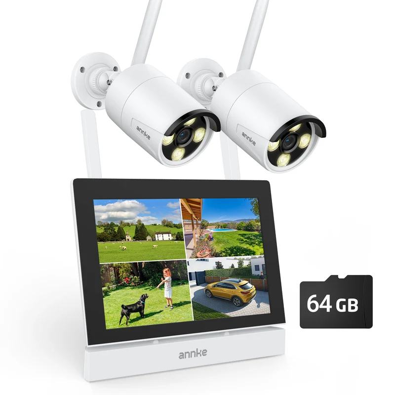 ANNKE 5MP Wireless Security Camera System with 7'' Touch Screen Monitor, 64GB SD Included, 4CH WiFi NVR with 2 Outdoor Cameras, Plug & Play, Human Detection, Two-Way Audio, 100ft Night Vision, IP66