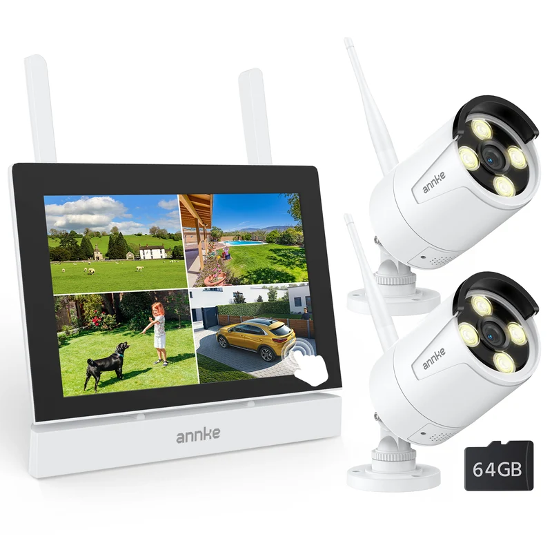 ANNKE Wireless Security Camera System with 7'' Touch Screen Monitor, 64GB SD Included, 2K HD 4CH WiFi Camera Kit with 2 Outdoor Cameras, Plug & Play, Two-Way Audio, Human Detection, IP66