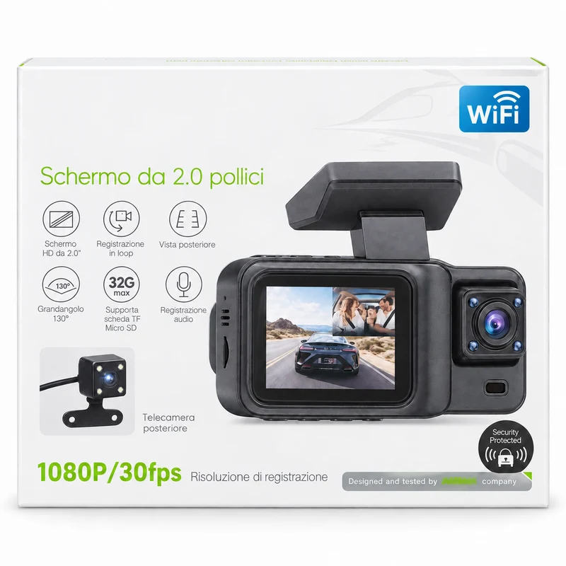 Dash Cam Auto WiFi 1080P 3 Camere Schermo 2" Grandangolo 130°