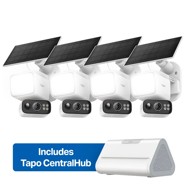 2K Floodlight Solar Pan/Tilt Security Camera Smart CentralHub Bundle, Tapo C615F Kit 4-Pack + H500