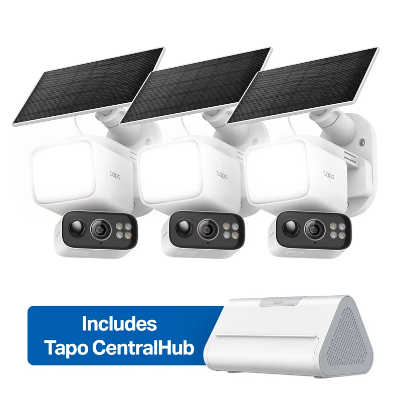 2K Floodlight Solar Pan/Tilt Security Camera Smart CentralHub Bundle, Tapo C615F Kit 3-Pack + H500