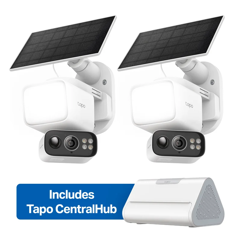 2K Floodlight Solar Pan/Tilt Security Camera Smart CentralHub Bundle, Tapo C615F Kit 2-Pack + H500