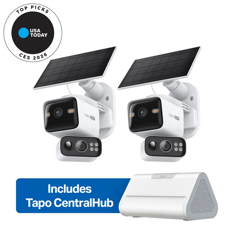 2K Dual-Lens Solar Pan/Tilt Security Camera Smart CentralHub Bundle, Tapo C645D Kit 2-Pack + H500