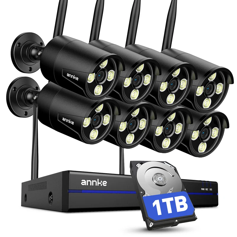 ANNKE Wireless Security Camera System-16CH Expandable 4K Security NVR, 8Pcs 2K Outdoor Cameras, 2-Way Voice, Motion Alert, IP66 Weatherproof, Mobile App-Controlled for Indoor/Outdoor Use, 1TB