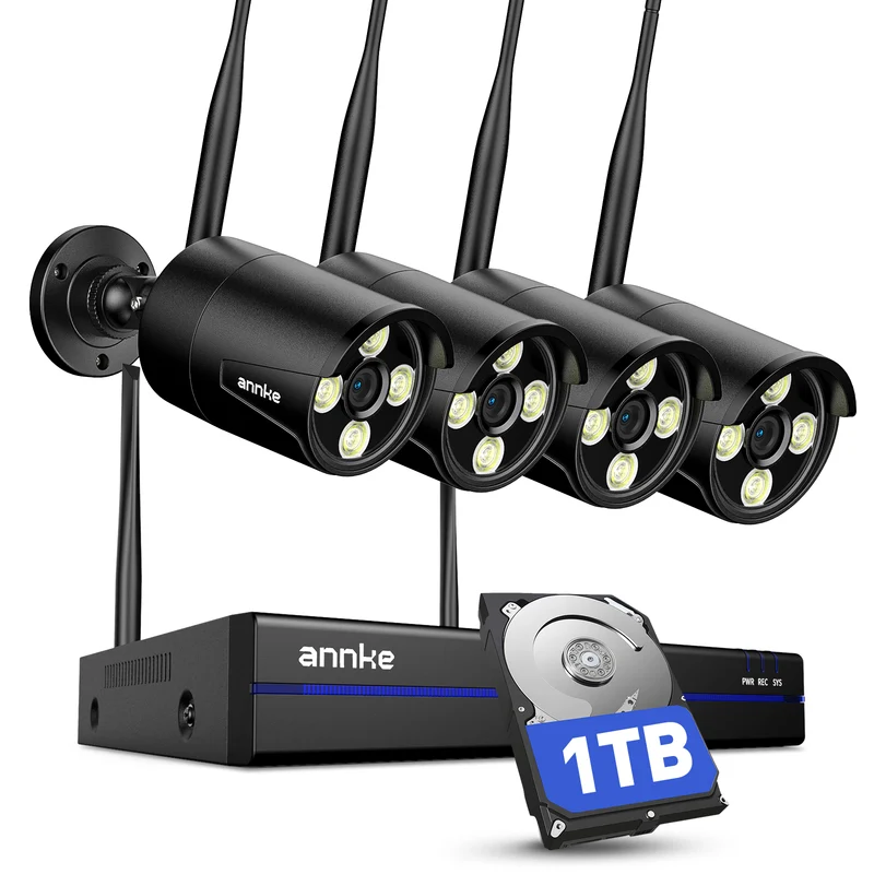 ANNKE Wireless Security Camera System-16CH Expandable 4K Security NVR, 4Pcs 2K Outdoor Cameras, 2-Way Voice, Motion Alert, IP66 Weatherproof, Mobile App-Controlled for Indoor/Outdoor Use, 1TB
