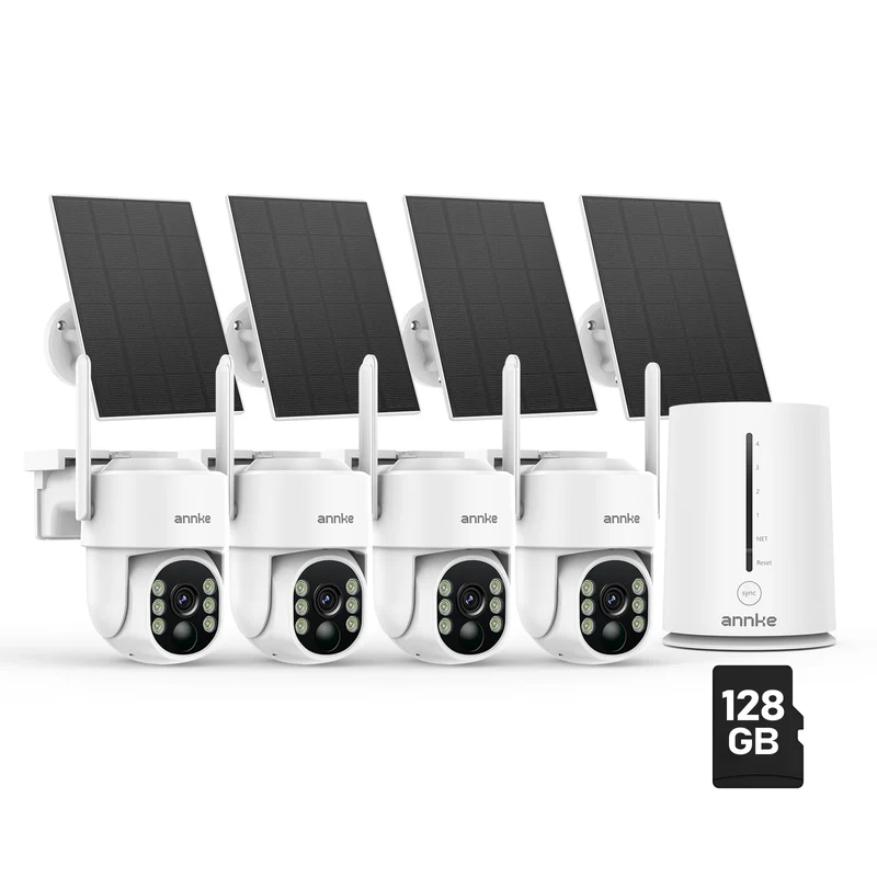 ANNKE 4MP 2K Solar Security Camera Wireless Outdoor, 5MP 4 Cam-Kit Home Surveillance System, 2.4&5G WiFi, Two-Way Audio, AI Human Detection, Spotlight Alarm,360°View, Color Night, 128GB Memory Card